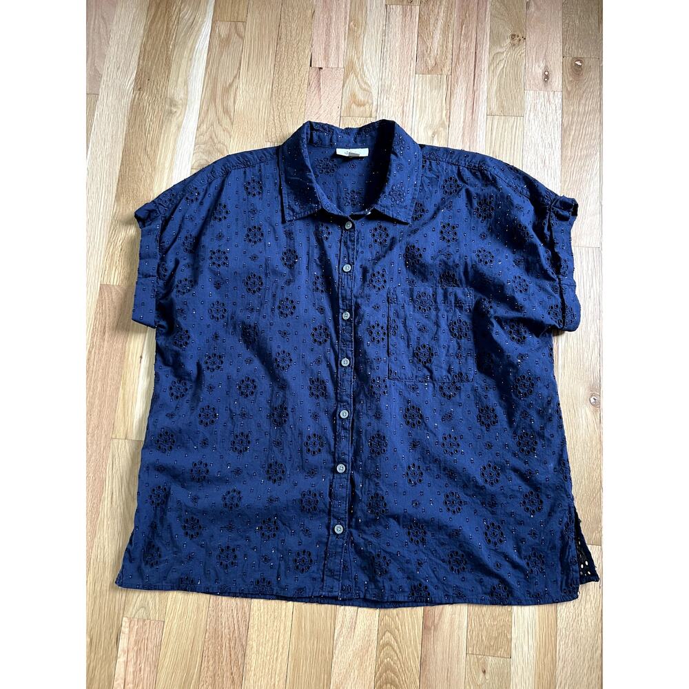 Style & Co Floral Eyelet Navy Blue Silver Thread Cap Sleeve Button Down (XL)